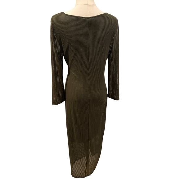 Express V Neck Olive Green Ribbed Midi Dress 3/4 Sheer Sleeves Large Fall Chic - Picture 2 of 6